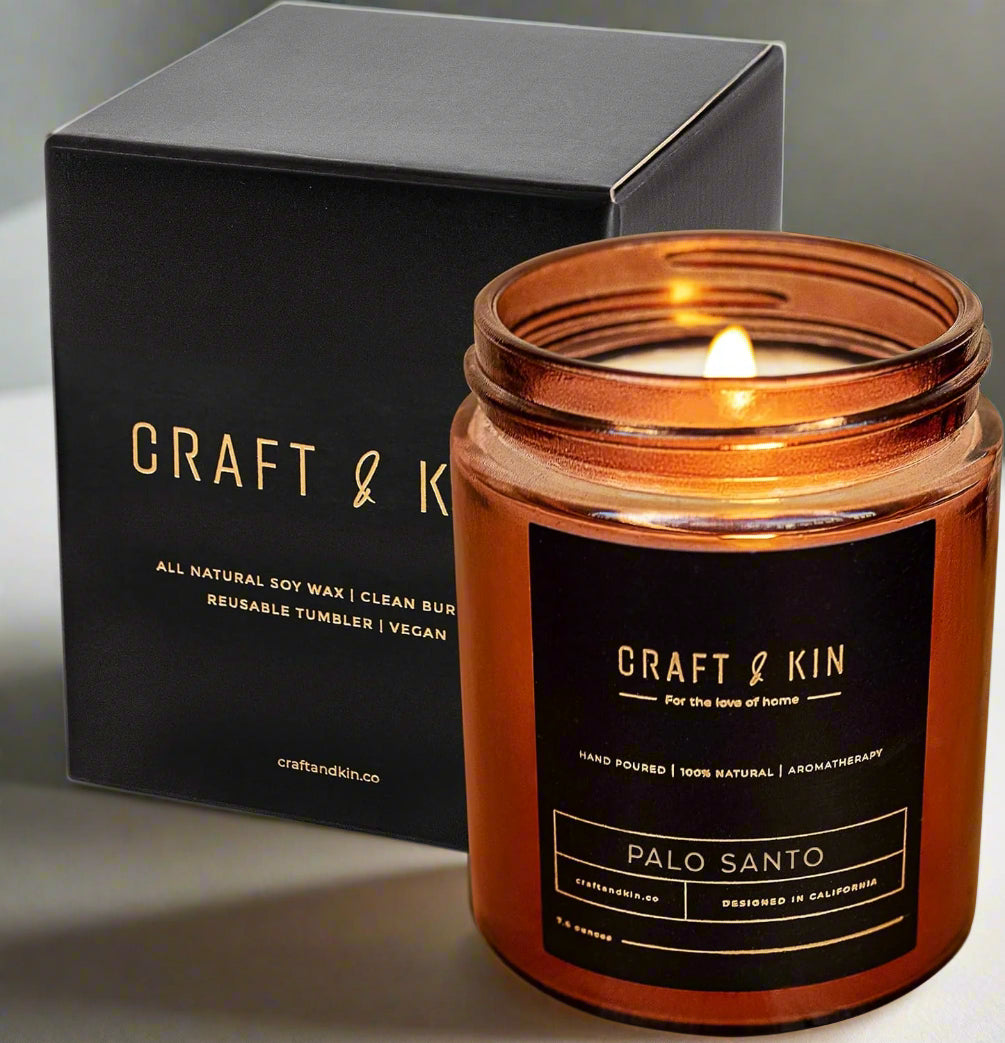 Palo Santo Candle, Premium Scented Candles for Men & Women | All-Natural Soy Candles, Rustic Home Decor Scented Candles | Ultra Clean Burn Amber Jar Candles, Non-Toxic Aromatherapy Candles